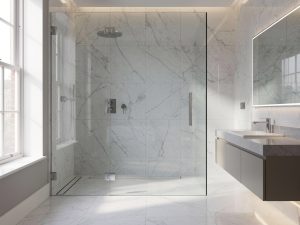 Luxury frameless glass walk-in shower enclosure in a modern UK bathroom